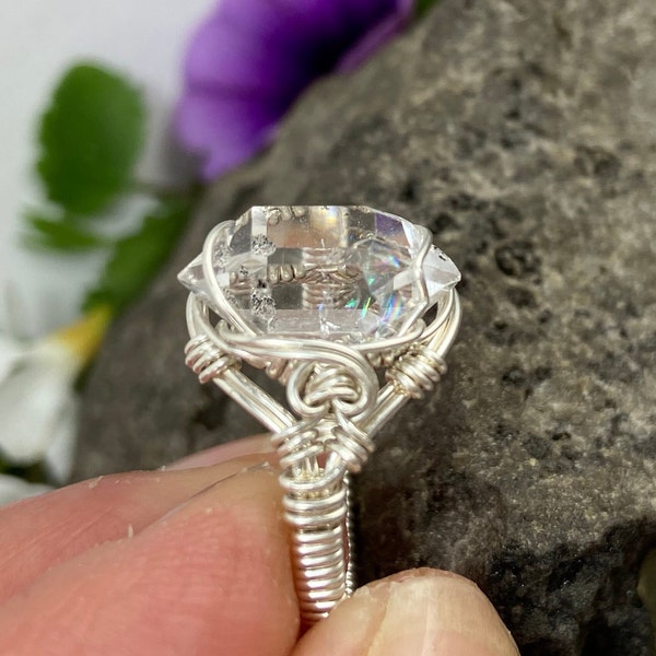 Herkimer Diamond Size 7 Ring Natural A+ Grade NY Double Terminated Quartz Crystal with Rainbow and Extra Face Sterling Silver Wire Wrap