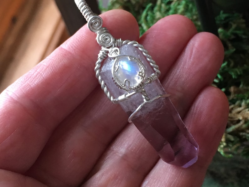 Natural Vera Cruz Amethyst Quartz Crystal Sterling Silver Pendant with Rainbow Moonstone Handmade Wire Wrap Necklace Raw Natural Purple