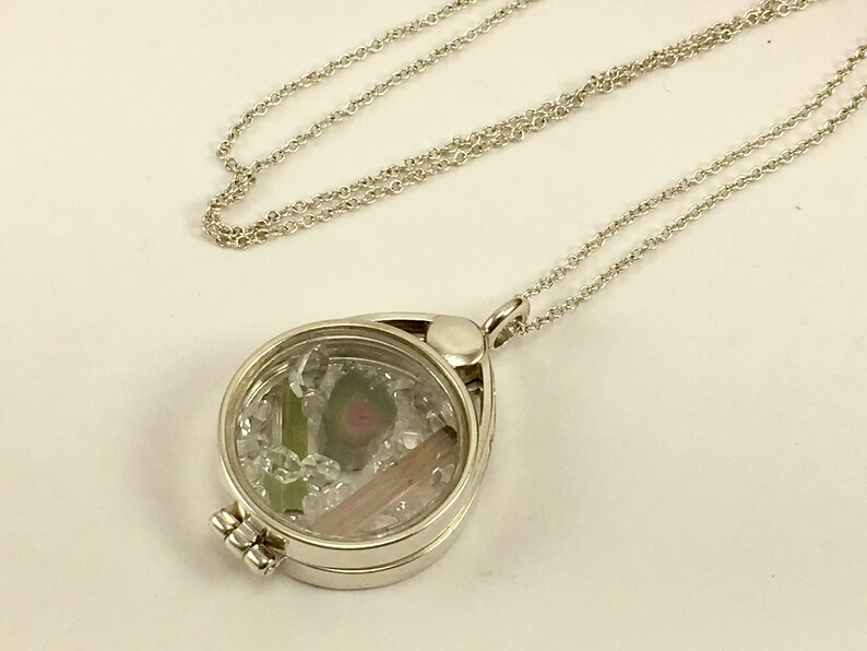 Tourmaline Watermelon Slice and Natural Tourmaline Crystals Herkimer Diamond Quartz Crystals in Sterling Silver Floating Locket Pendant