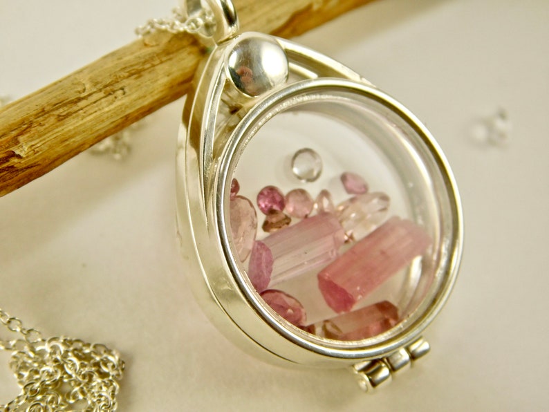 Pink Tourmaline Crystal Locket Pendant Necklace Pink Faceted Natural Terminated in a Sterling Silver Floating Glass Locket Pendant