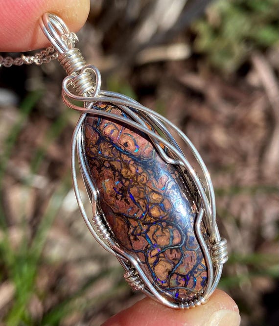 Boulder Opal Sterling Silver Wire Wrap Pendant: Handmade  Artisan Boulder Opal and Copper Pendant Necklace with Sterling Silver, Handmade, main image 0