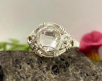 Size 6.5 Herkimer Diamond Crystal Ring: A++ Clear NY Quartz Crystal, Sterling Silver, Wire Wrap