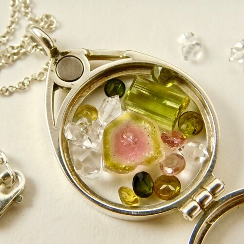 Tourmaline Crystal Slice Watermelon shops + Faceted and Natural Pink and Green Tourmaline Gemstones in Sterling Silver Floating Locket Pendant