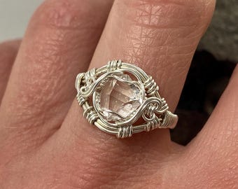 Size 6.5 Herkimer Diamond Crystal Ring: A++ Clear NY Quartz Crystal, Sterling Silver, Wire Wrap