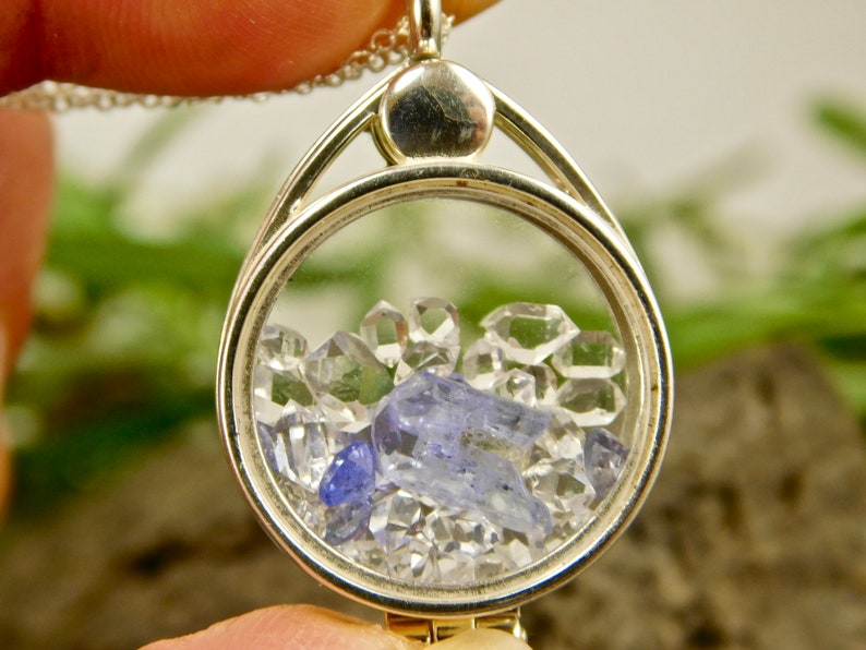 Facets Tanzanite Crystal Herkimer Diamond Quartz Crystals in a Floating Locket Sterling Silver Pendant Necklace Faceted Tanzanite