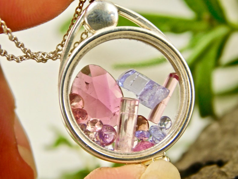 Tanzanite Crystal Tourmaline Crystals Facets in Sterling Silver Floating Locket Pendant Necklace