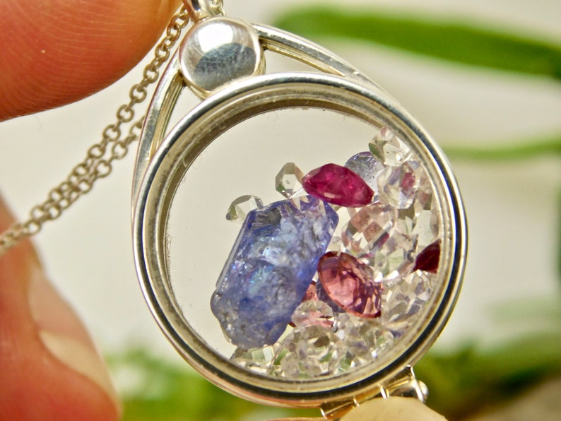 Tanzanite Crystal Tourmaline Herkimer Diamond Crystals in Sterling Silver Floating Locket Pendant Necklace