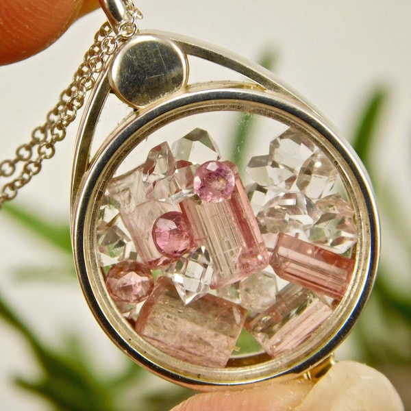 Pink Tourmaline Necklace Tourmaline Crystals/ Facets Herkimer Diamond Quartz crystals in Sterling Silver Floating Locket Pendant Necklace