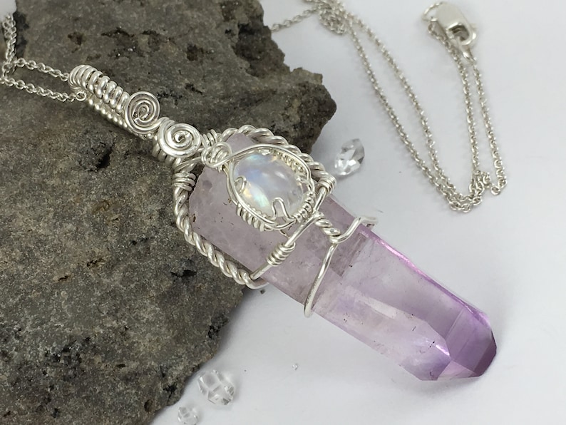 Natural Vera Cruz Amethyst Quartz Crystal Sterling Silver Pendant with Rainbow Moonstone Handmade Wire Wrap Necklace Raw Natural Purple