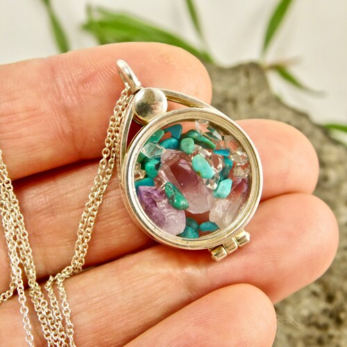 Turquoise + Amethyst + Ny Herkimer Diamond Quartz Crystals Floating shops Locket Sterling Silver Pendant Necklace Natural Crystal Jewelry Specimen