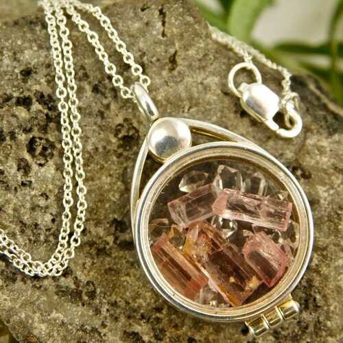 Pink Tourmaline Necklace Tourmaline Crystals/ popular Facets + Herkimer Diamond Quartz crystals in Sterling Silver Floating Locket Pendant Necklace