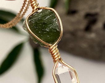 14k Gold Moldavite & NY Herkimer Diamond Crystal Pendant: Green Tektite Necklace