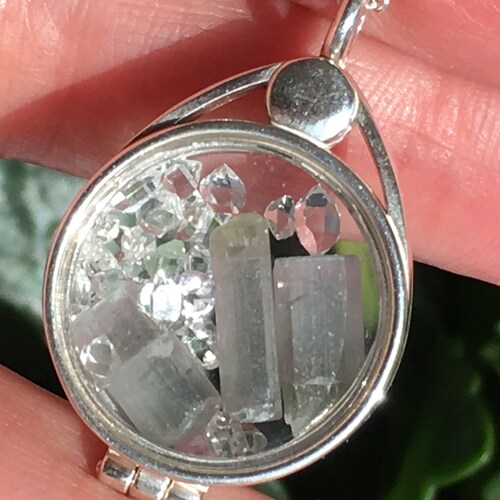 Tourmaline Crystal Tri-Clored Purple Pink Green and Herkimer Diamond Quartz Crystal Sterling Silver Floating shops Locket Necklace