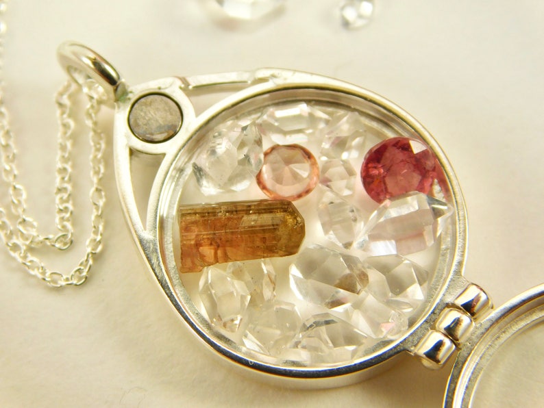 Sterling Silver Floating Locket Necklace with AAA Tourmaline Spinel and Herkimer Diamond Quartz Crystal Locket Grade Micro Crystals