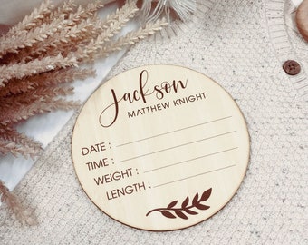 Newborn Baby Announcement Plaque | Photo Prop | Wooden Signage | Bamboo Custom Scripted Round Circle | Botanical Leaf | Keepsake Gift