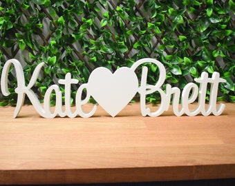 WHITE Custom / Personalised Wedding Engagement Names Signs - Name heart Name | Free Standing Table Decoration