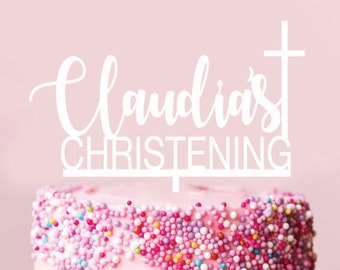 Custom Name CHRISTENING WITH CROSS -  Scripted Cake Topper - Glitter / Acrylic / Mirror / Personalised / Express / Religious