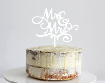 Mr & Mrs with Swirl -  Scripted Cake Topper - Glitter / Acrylic / Mirror / Wooden / Wedding / Engagement Party / Bride/  Express Shipping