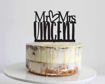 Mr heart Mrs Custom Surname -  Modern Cake Topper - Glitter / Acrylic / Mirror / Wood / Wedding / Personalised / Party / Express /Bride