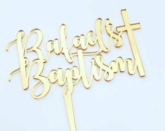 Custom Name BAPTISM WITH CROSS -  Scripted Cake Topper - Glitter / Acrylic / Mirror / Personalised / Express / Religious