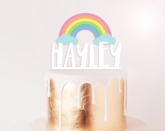 PERSONALISED ACRYLIC CUSTOM Name Cake Topper - Pastel Rainbow Design - Birthday Special Occasion Girl or Boy Childs Baby First Birthday