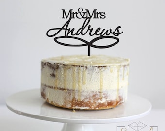 Mr & Mrs Custom Surname with Swirl -  Cake Topper - Glitter / Acrylic / Mirror / Wood / Wedding / Personalised / Party / Express /Bride