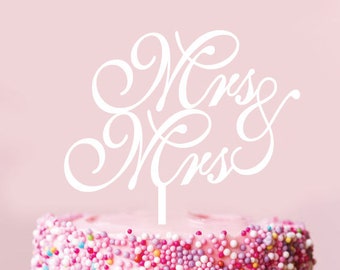 MRS + MRS  -  Modern Scripted Cake Topper - Glitter / Acrylic / Mirror / LGBT / Wedding / Rose Gold / Bride / Gay / Same Sex