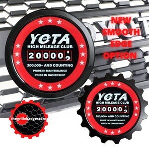 May include: Two black and red YOTA High Mileage Club emblems with a black gear design and a red odometer reading 200,000. The text "200,000+ and counting" is below the odometer. The text "Pride in maintenance, Pride in ownership" is below the counting text.
