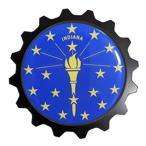 May include: Black metal gear-shaped emblem with a blue and gold Indiana state flag design. The flag features a torch and 13 gold stars.