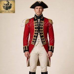 May include: A red military-style tailcoat featuring black lapels with gold trim, gold epaulettes, and brass buttons, paired with off-white trousers and a black bicorne hat. The ensemble includes a white waistcoat with a row of small brass buttons.