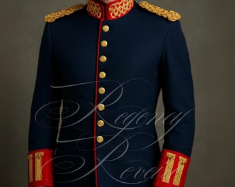 May include: Navy blue military-style jacket with gold buttons and trim. The jacket features red accents on the collar and cuffs, with gold embroidered details. The shoulders have gold epaulettes. The jacket is a formal garment.