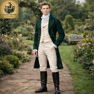 May include: A man in a Regency-era outfit, featuring a dark green coat, cream-colored vest and pants, and black boots. The ensemble includes a white ruffled shirt. The image is set in a garden with a stone pathway and floral arrangements.