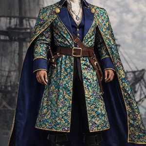 Men's Brocade Capitan Pirate Coat – Teal & Gold Regency Costume with Cape - Vest - Pants