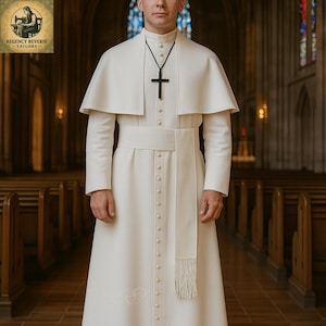 Tailored White Wool Catholic Cassock: Clergy Robe with Cape & Sash