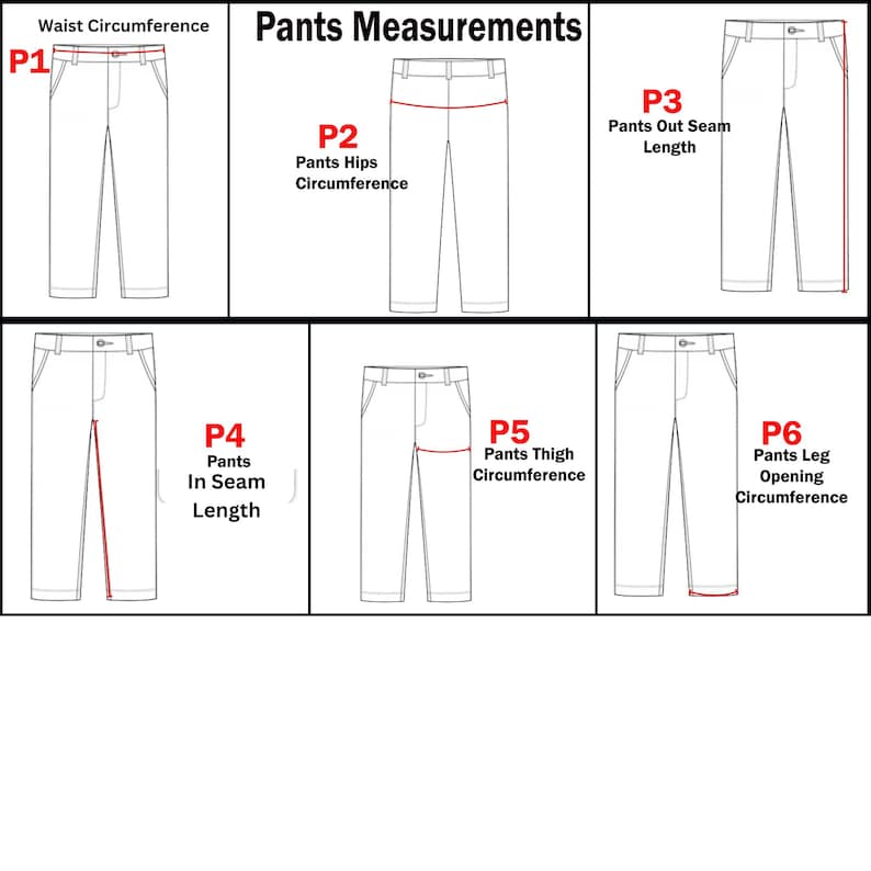 Op de afbeelding: Diagram met broekmaten. De afbeelding toont zes verschillende aanzichten van een broek, elk gelabeld met een meting: taille, heupen, buitenbeenlengte, binnenbeenlengte, dijbeenomtrek en beenopeningomtrek.