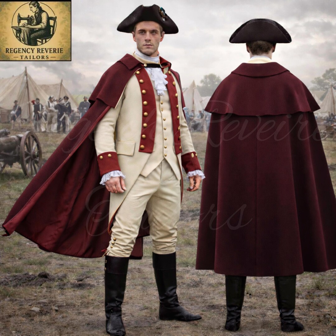 Revolutionary War Officer Uniform - Maroon Wool Cape Coat, Cream ...