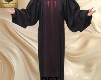 May include: Black clergy robe with red cross and vertical stripe accents. The robe has wide sleeves and is floor-length. The text "RRT" is visible at the bottom. The Regency Reverie Tailors logo is in the upper left corner.