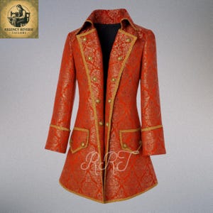 Men&#39;s Regal Red Brocade  Pirate Coat – Vintage Brocade Coat with Gold Trim & Buttons – Rococo Cosplay or Formal Wear - Men&#39;s Regency Suit