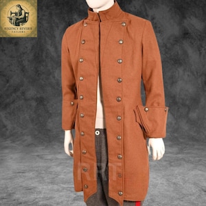 Customized Men&#39;s Brown Wool Pirate Coat – Deluxe Handmade Jacket with Pockets | Renaissance Fair, Cosplay & Steampunk Costume Outerwear