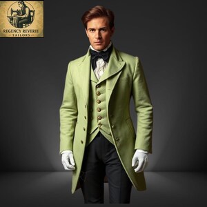 Light Green Wool Frock Coat & Vest Set: Historical Gentleman's Costume