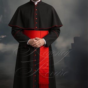 Black Catholic Priest Cassock: Red Trim Clergy Vestment with Free Red Sash