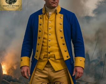 May include: A man wearing a historical blue coat with yellow trim and gold buttons, paired with a yellow vest and tan pants. The coat has long sleeves and a high collar. The image includes the text "REGENCY REVERIE - TAILORS" and "RRT".