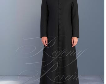May include: A black clergy cassock with a mandarin collar and a row of buttons down the front. The long-sleeved garment is floor-length and has a simple, elegant design. A white clerical collar is visible at the neck.