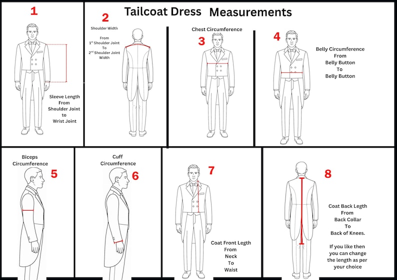 Op de afbeelding: Diagram met een staartjasjurk met afmetingen. De afbeelding toont acht figuren met gelabelde meetpunten, waaronder schouderbreedte, borstomtrek, mouwlengte, buikomtrek, bicepsomtrek, manchetomtrek, jasvoorkantlengte en jasachterkantlengte.