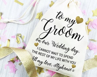 Groom wedding day gift bag. Personalised wedding morning cotton drawstring bag. Gift from the bride. Gift for your husband to be.
