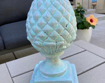 Vintage Aqua Blue Pineapple Finial Statue, Distressed Ceramic Decor