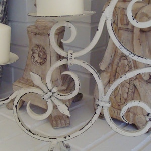 Large White Distressed Ornate Iron Scrolled Fleur De Lis Pillar Candelabra Candle Holder Shabby Chic Farmhouse Rustic Wedding French Country
