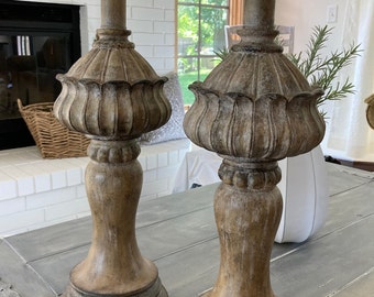 SET 2 Tall Wood Look Brown Distressed Buffet Lamps Table Lamps Farmhouse French Country Coastal Fixer Upper Lamps