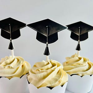 Black Graduation Cap Cupcake Toppers – Set of 12 – Class of 2025 Party Decor