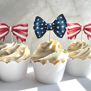 Patriotic Bow Cupcake Toppers | 12 Count | Red White Blue Party Decor | Stars and Stripes Patriotic | Memorial Day Decor, 4th of July